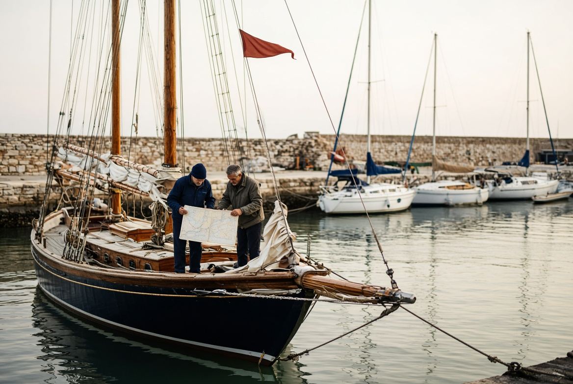 Crew preparing a wooden boat in the harbour